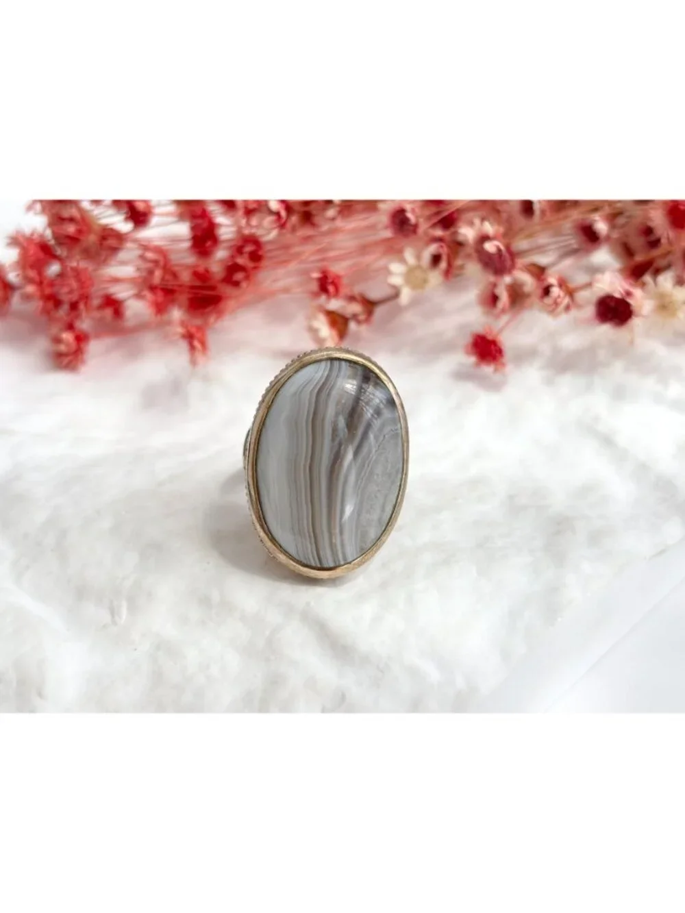 Grey Banded Agate Polished Cabochon Sterling Silver 925 Vintage Ring - sz 8